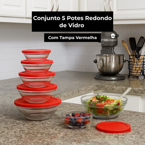 Conjunto 5 Potes Redondo de Vidro Com Tampa - Vermelha