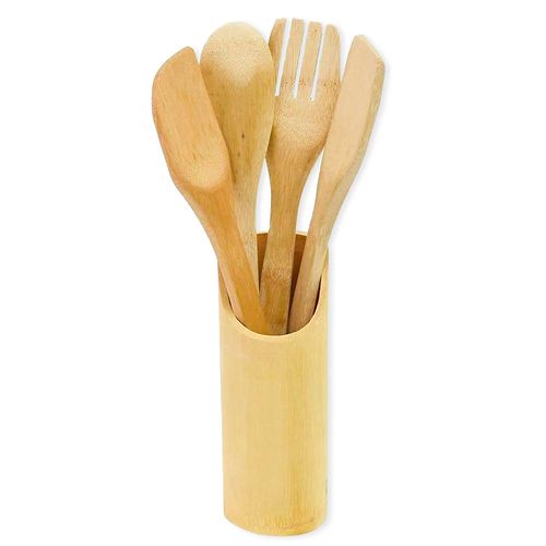 Kit Porta Utensílios de Cozinha em Bambu – 5 Peças