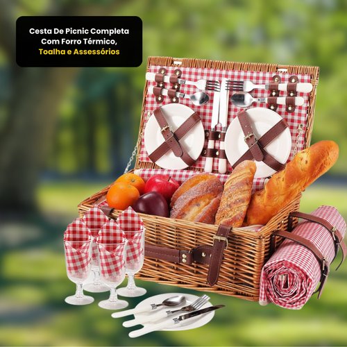 Cesta De Picnic Completa Com Forro Térmico, Toalha e Assessórios