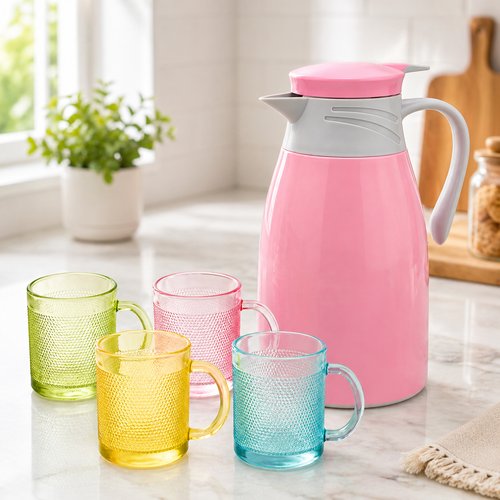 Conjunto garrafa térmica 190ml e 4 canecas vidros - Rosa