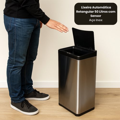 Lixeira Automática Retangular 50 Litros com Sensor  - Aço Inox