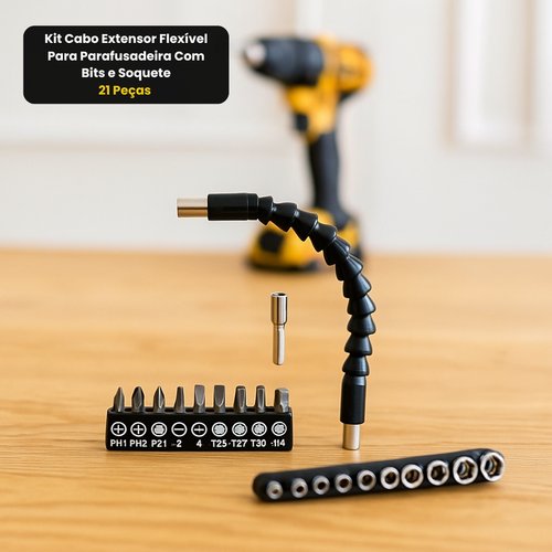 Kit Cabo Extensor Flexível Para Parafusadeira Com Bits e Soquete - 21 Peças