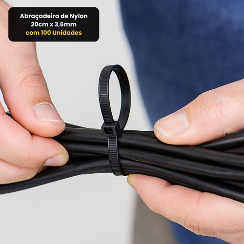 Abraçadeira de Nylon 20cm x 3,6mm com 100 Unidades - Preta