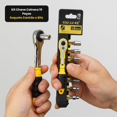 Kit Chave Catraca 19 Peças Soquete Canhão e Bits